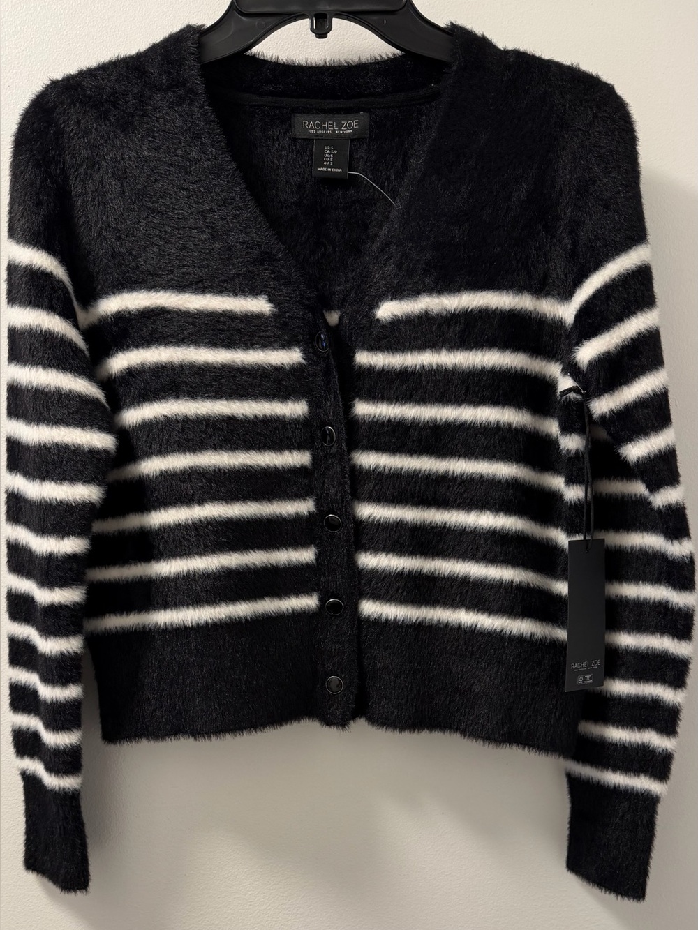 NWT Rachel Zoe Black Ivory Fuzzy Striped Cardigan Size S